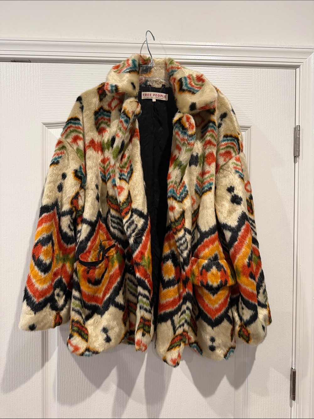 Free People Cream Multicolor Aztec Faux-Fur Jacket